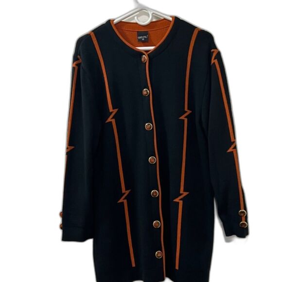 VTG Gentili Greece Black Orange Knit Long Cardigan Sweater Buttons Sz 2 - Picture 1 of 11